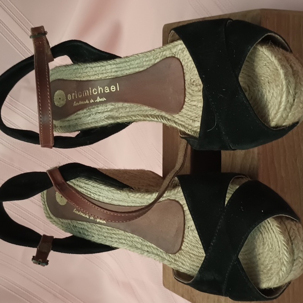 Eric Michael BlK Suede Espadrille with Brown Foot Strap Size 9 - Picture 6 of 10